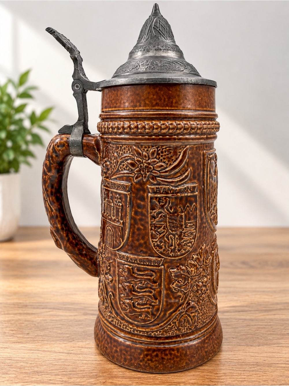 Vintage KING Germany Lidded Beer Stein Brown Relief State Crests
